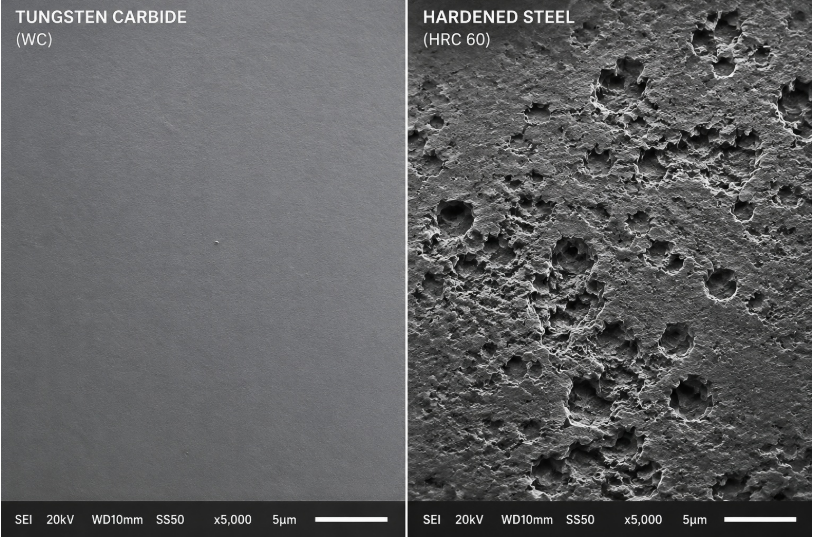 Microscopic view of tungsten carbide versus hardened steel nozzle wear patterns
