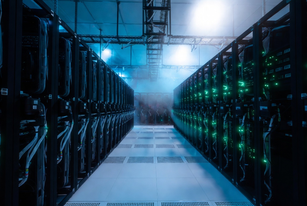 Modern data center aisle with subtle blue evaporative cooling mist effect