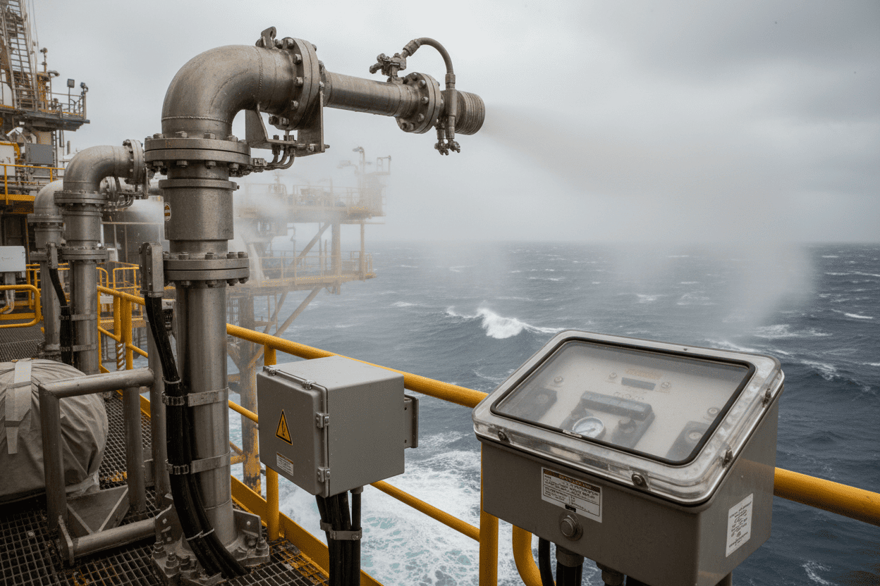 Offshore oil platform marine spray system resisting saltwater corrosion and harsh weather