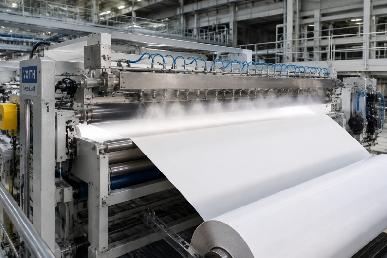 Paper machine coating section showing a high-speed web without any spot defects.