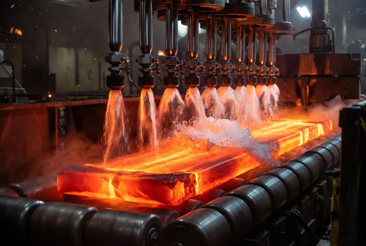 Red hot steel plate passing under high pressure descaling header system