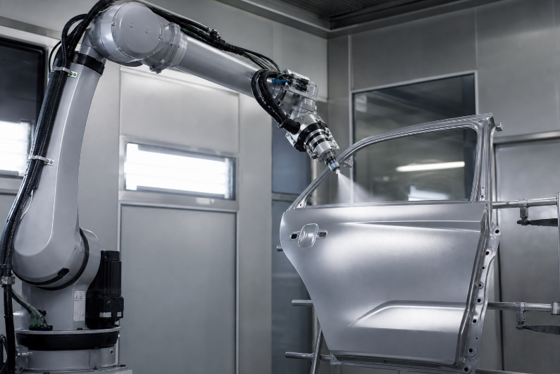 Robotic arm applying uniform automotive coating using a high transfer efficiency precision spray nozzle