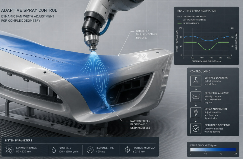 Robotic spray nozzle dynamically adjusting fan pattern 