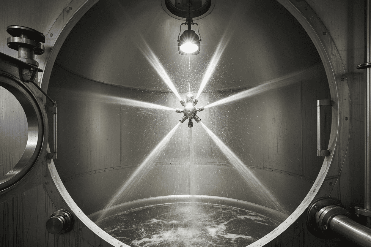Rotary jet tank cleaning nozzle spraying high pressure water inside an industrial stainless vessel
