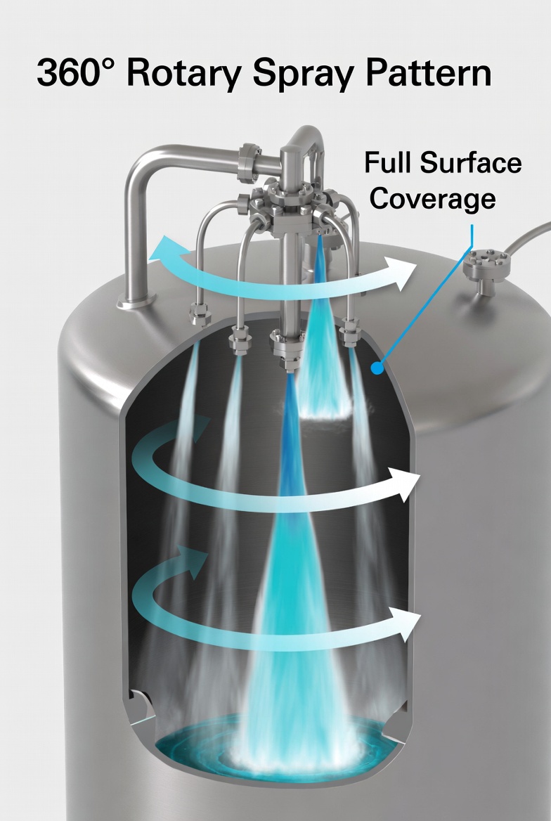 Rotary tank cleaning nozzle 360-degree spray pattern diagram—industrial CIP coverage