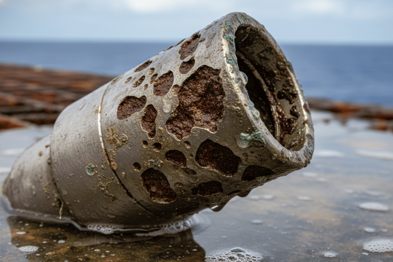 Severe pitting corrosion on standard stainless steel nozzle exposed to seawater