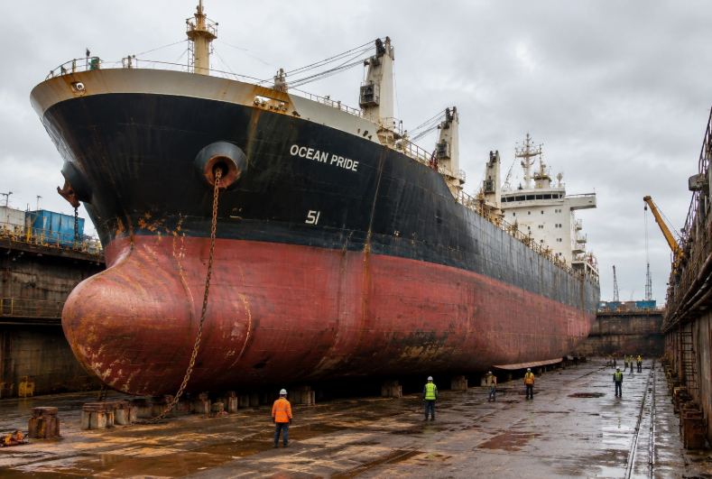 Shipyard drydock showing massive commercial vessel undergoing maintenance