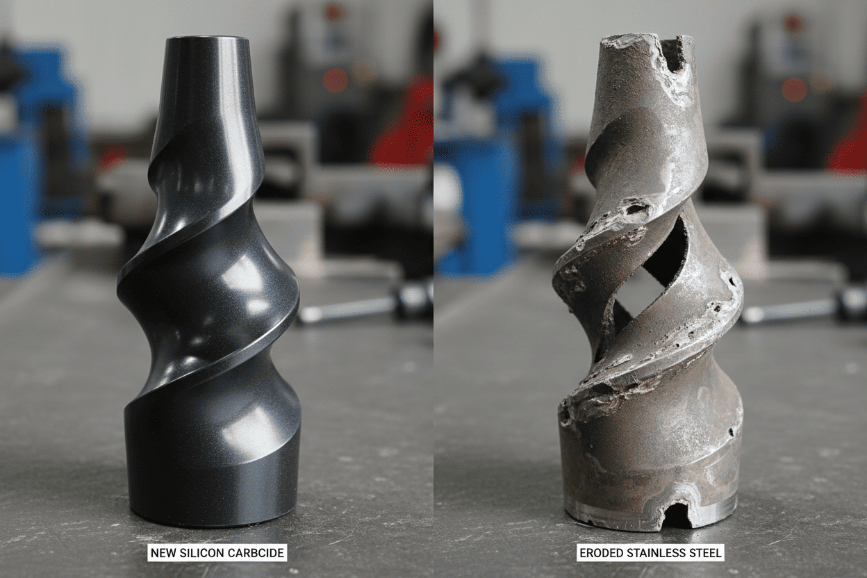 Side by side comparison of a new Silicon Carbide spiral nozzle and an eroded Stainless Steel nozzle