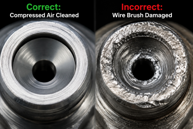 Side-by-side comparison of a clean nozzle orifice versus one damaged by a wire brush.