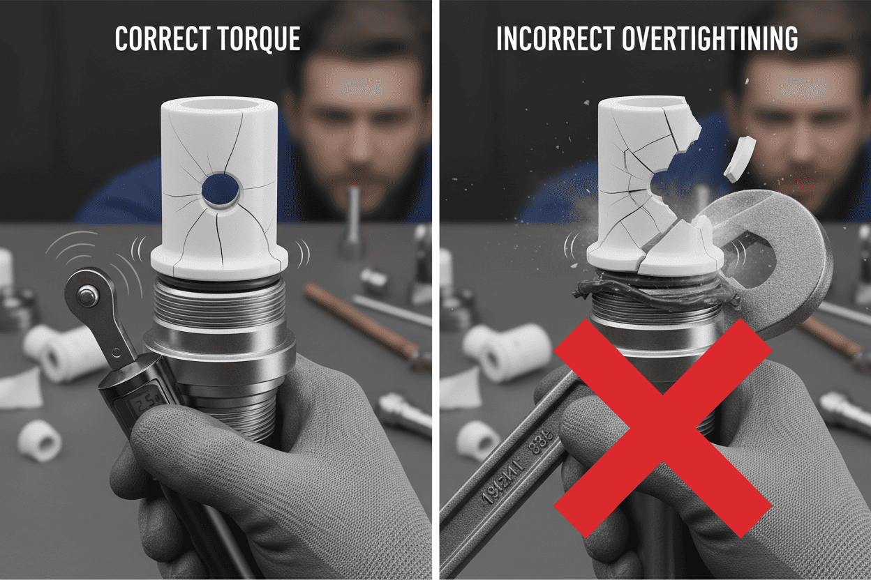 Side-by-side comparison of correct torque application vs incorrect