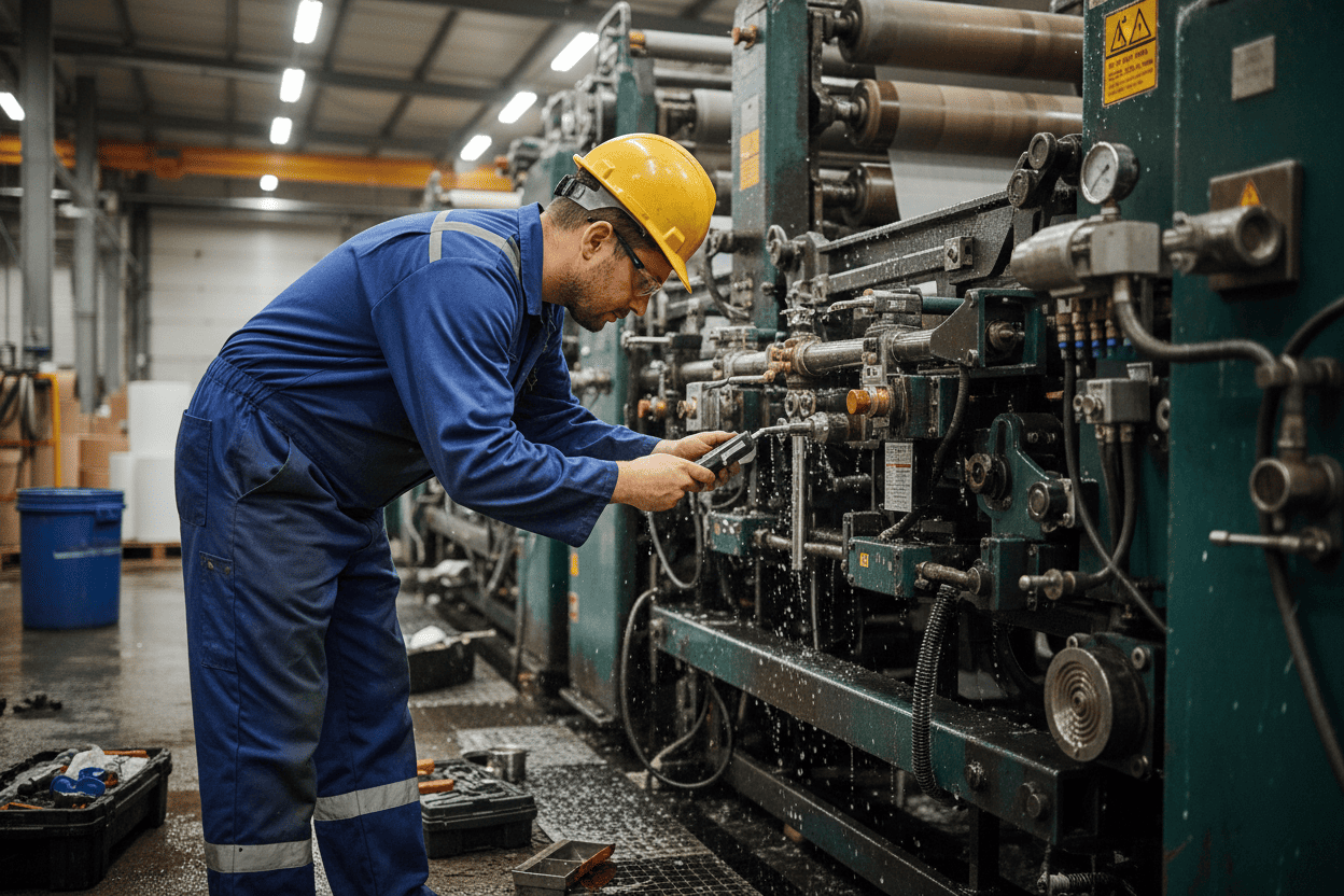 Technician checking HP shower nozzle alignment on paper machine forming section