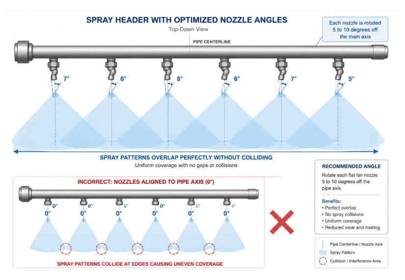 Top-down view showing flat fan nozzles offset by 5 degrees to prevent spray collision