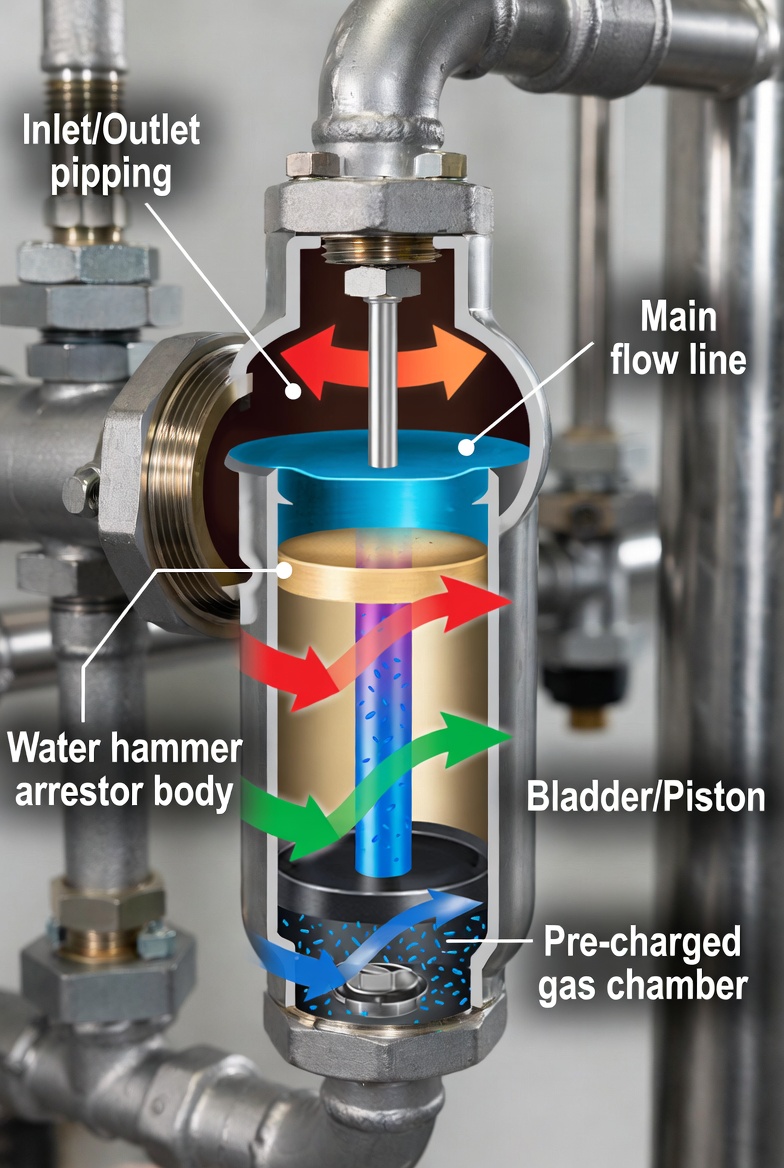 Water hammer arrestor in high-pressure wash piping system diagram