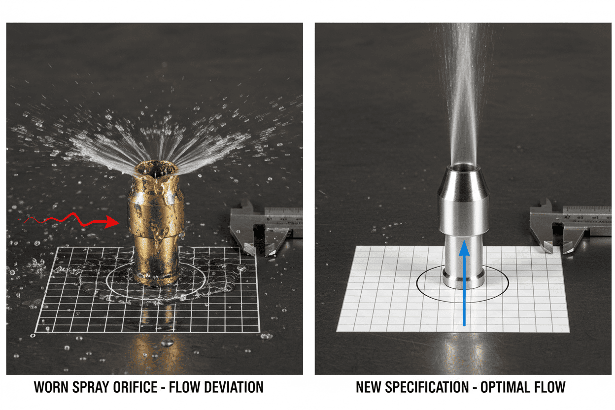 Worn spray orifice compared to new specification showing flow deviation