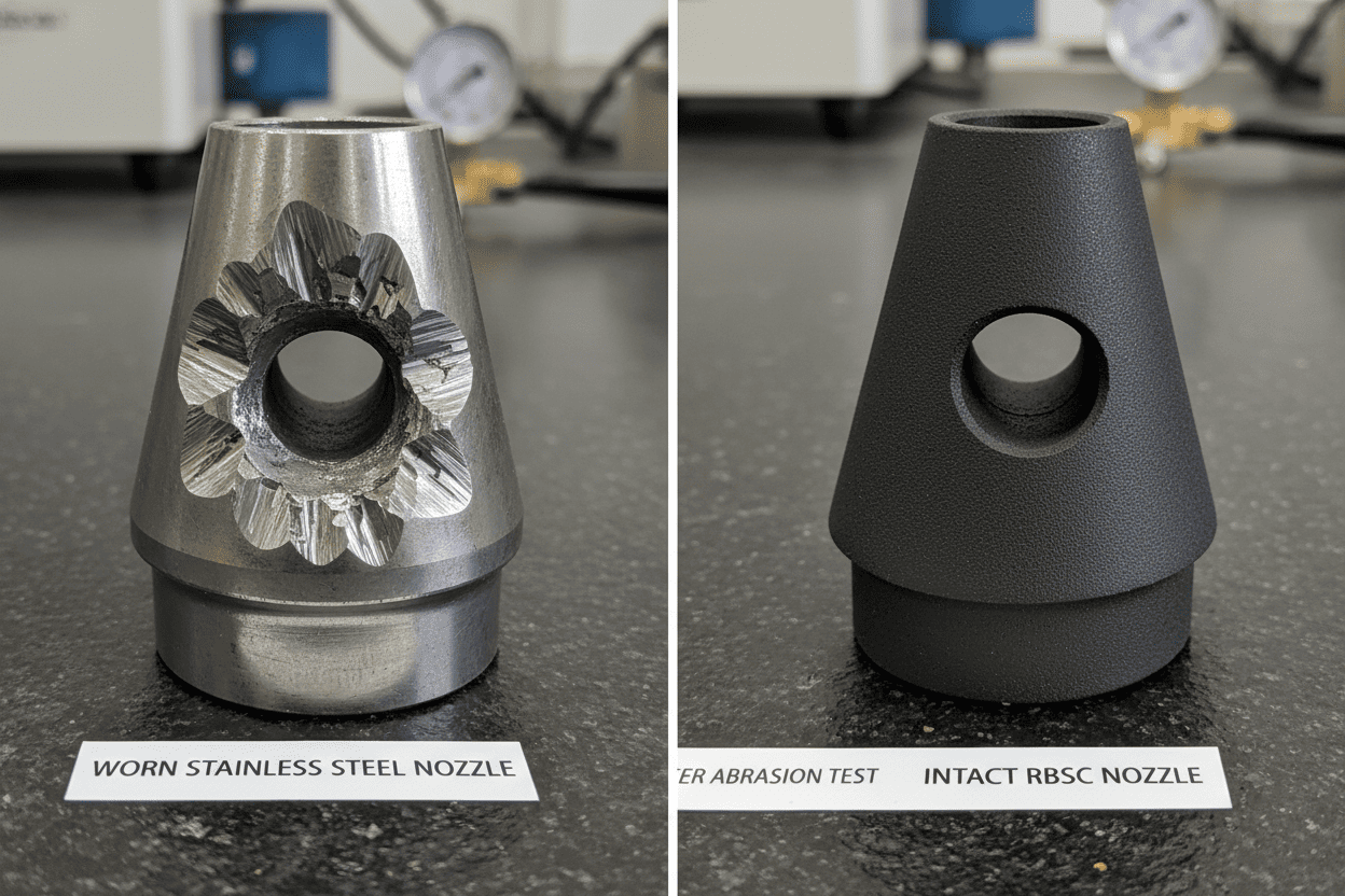 Worn stainless steel nozzle vs intact RBSC nozzle after abrasion test
