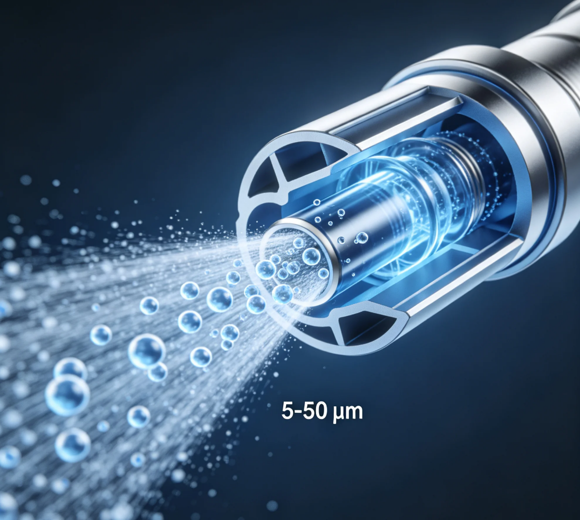 high-pressure mist nozzles to generate ultra-fine droplets (5–50 μm)