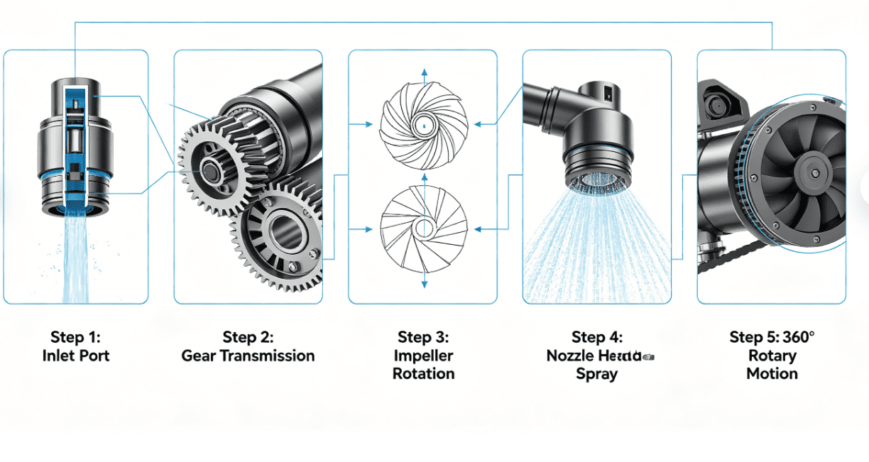 rotary tank cleaning nozzle internal mechanism flowchart