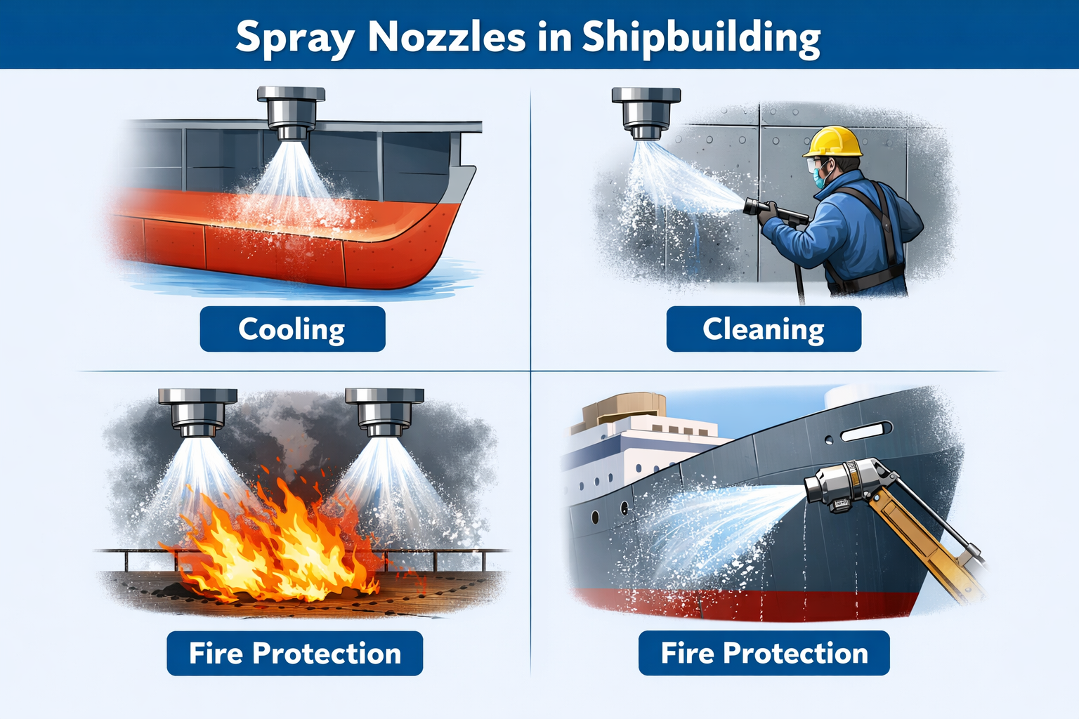 spray nozzles shipbuilding applications scene diagram showing cooling cleaning fire protection